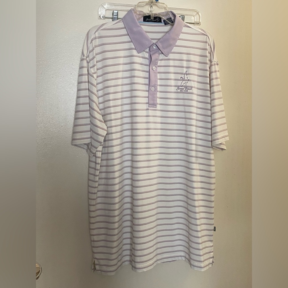 Mens Polo Shirt XL Goose Creek Golf Club White Lavender Stripes Striped Chest 48